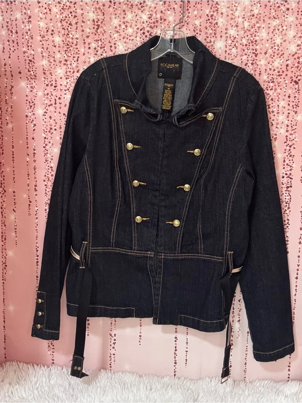 Rocawear Dark Blue Denim Military-Style Jacket with Gold Buttons - Picture 8 of 10